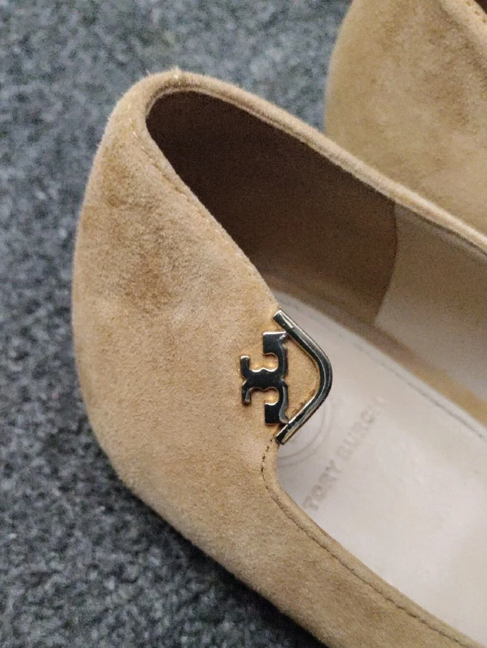 Tory Burch Camel/Tan Pointed Suede Ballet Flats with Logo Accent